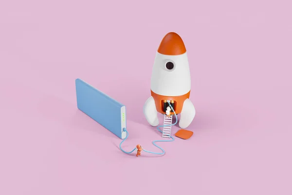 Maintenance and recharge of the rocket. Two little spaceman recharging their spaceship using a power bank. 3D rendering.