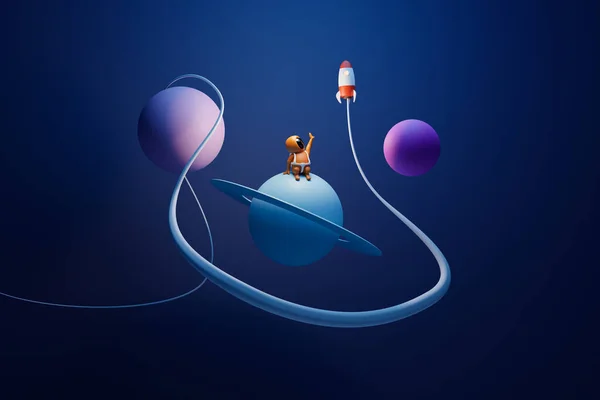 스페이스보이는 우주에 행성에 로켓을 있습니다 렌더링 — 스톡 사진