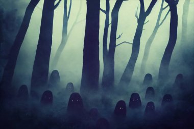 Geceleri ürkütücü ormanda küçük yaratıklar, cadılar bayramı arkaplanı, dijital illüstrasyon.