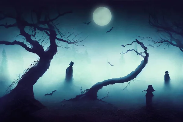 Ghosts and bats in a spooky halloween forest with fog and moon, digital illustration