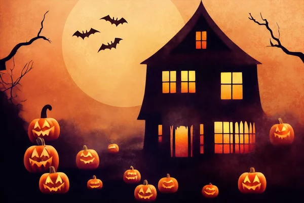 Jack Linternas Frente Casa Embrujada Halloween Con Murciélagos Luna Cielo — Foto de Stock