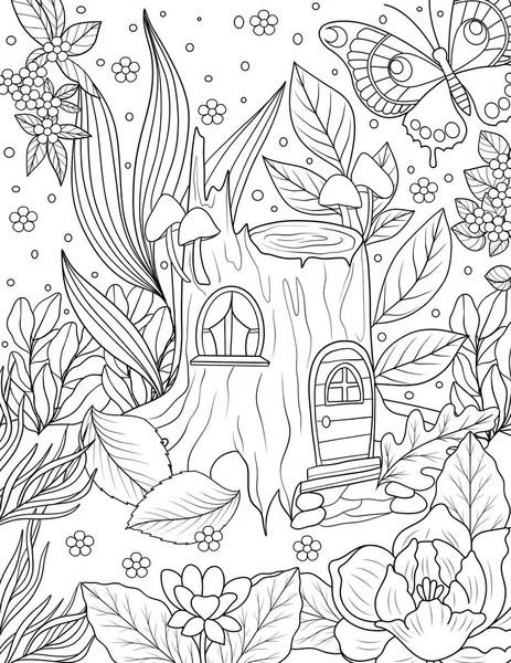 coloring page with a beautiful illustration of a fantasy-leaf, flowers, leaves, trees, and branches