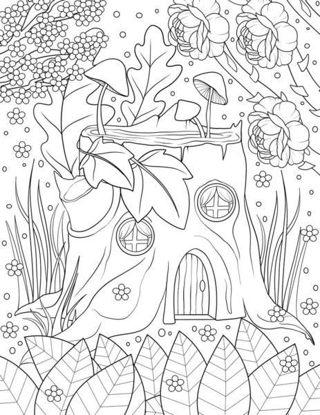 coloring page with a beautiful illustration of a fantasy-leaf, flowers, leaves, trees, and branches