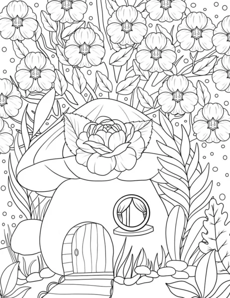 coloring page with a beautiful illustration of a fantasy-leaf, flowers, leaves, trees, and branches