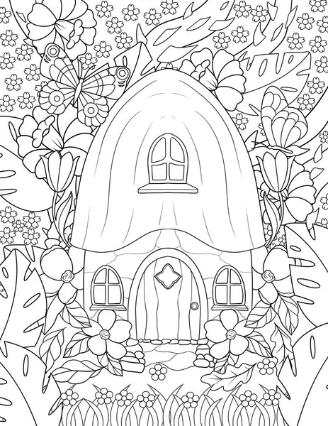 coloring page with a beautiful illustration of a fantasy-leaf, flowers, leaves, trees, and branches