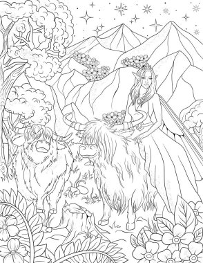 Uzun saç çizgisi olan güzel bir kız, sanat çizimi.