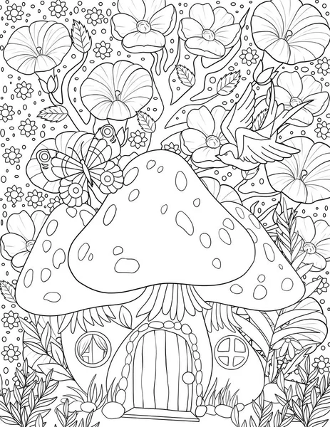 coloring book page with mushrooms and flowers