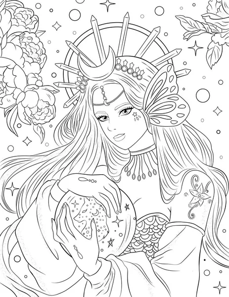 Beautiful Girl Long Hair Line Drawing Art Illustration — Stock Photo, Image
