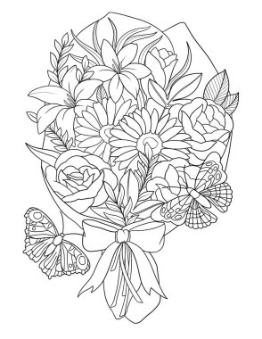 Çiçek ve yapraklı tek renkli çiçek deseni. siyah ve beyaz çizim.