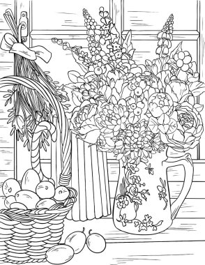 Boyama kitabı. Çiçeklerle ve dallarla süslenmiş çiçek süsü.