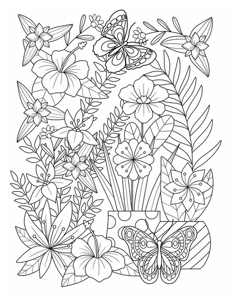 Kolorowanka Kwiatami Liśćmi Ilustracja Wektor — Zdjęcie stockowe