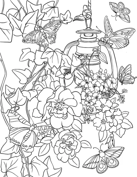 Libro Colorare Ornamento Floreale Con Fiori Rami Vettore — Foto Stock