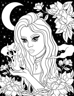 Çiçek desenli güzel bir kız, vektör çizimi.