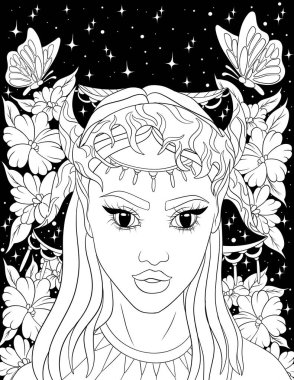 Çiçek desenli güzel bir kız, vektör çizimi.