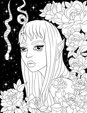 Çiçek desenli güzel bir kız, vektör çizimi.