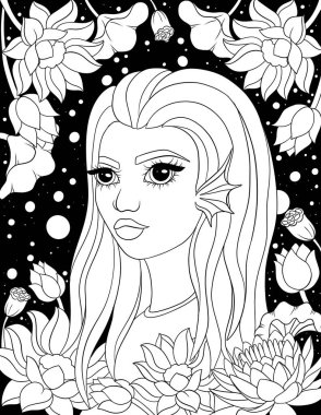 Çiçek desenli güzel bir kız, vektör çizimi.