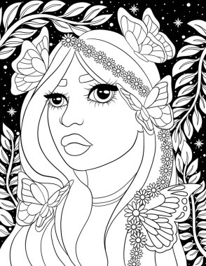 Çiçek desenli güzel bir kız, vektör çizimi.