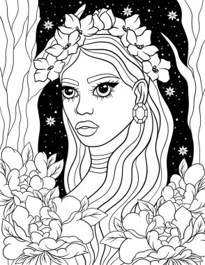 Çiçek desenli güzel bir kız, vektör çizimi.