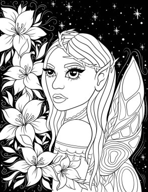 Çiçek desenli güzel bir kız, vektör çizimi.