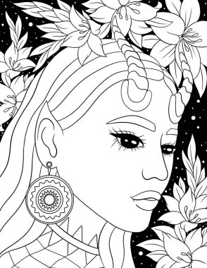 Çiçek desenli güzel bir kız, vektör çizimi.