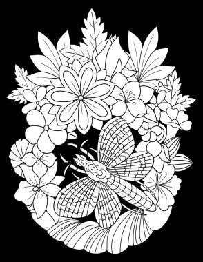 Siyah ve beyaz çiçek süsü. el çizimi resimleme.