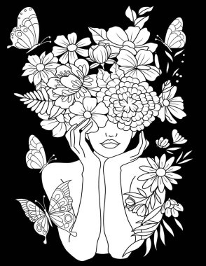 Siyah arka planda çiçek desenli güzel genç bir kadın.