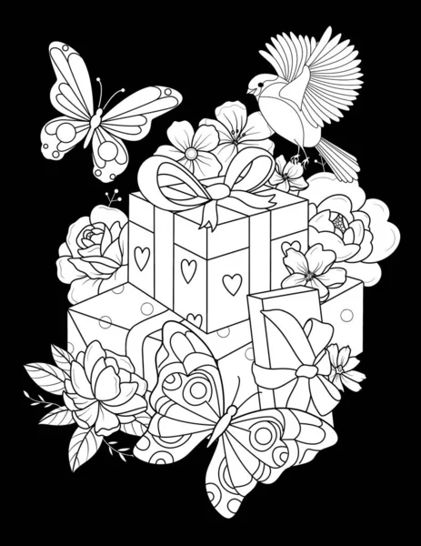 black and white vector illustration of a gift box with a heart
