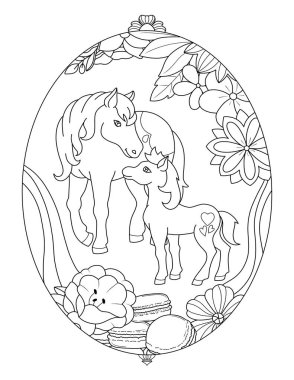 Tek boynuzlu at ve çiçeklerle boyama kitabı sayfası