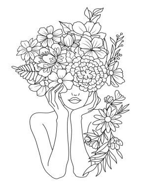 Çiçekli çelengi olan güzel genç bir kadın. resimleme