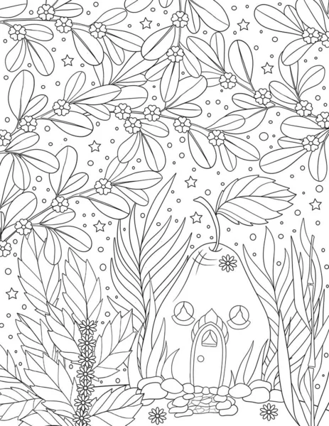 Bir Orman Kuşunun Çizimi Boyama Kitabı Kuşlar Bitkiler Ağaçlar — Stok fotoğraf