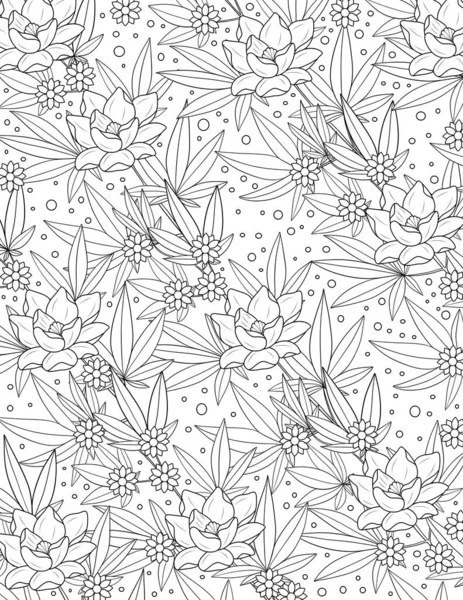 Μαύρο Και Άσπρο Χωρίς Ραφή Μοτίβο Φύλλα Λουλουδιών Ζωγραφισμένα Στο — Φωτογραφία Αρχείου