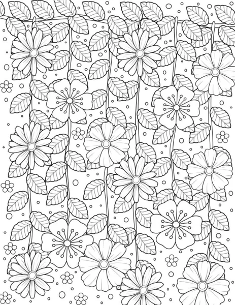Czarno Biały Bezszwowy Wzór Kwiatami Liśćmi Ilustracja Narysowana Ręcznie — Zdjęcie stockowe
