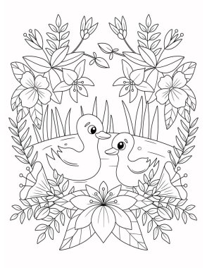 Yaprakları çerçeve biçiminde olan kuş ve kuş seti.