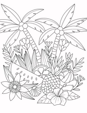 Tropikal meyve ve yapraklar, illüstrasyon