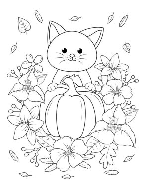 Etkinliği rahatlatmak için süslemeleri olan sevimli bir kedi. Boyama kitabı, yetişkinler için sayfa. Baskı için Zen sanatı çizimi. Poster tasarımı.