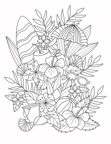 Beyaz Arkaplanda Yaprakları Olan Çizimi Tropikal Çiçekler — Stok fotoğraf