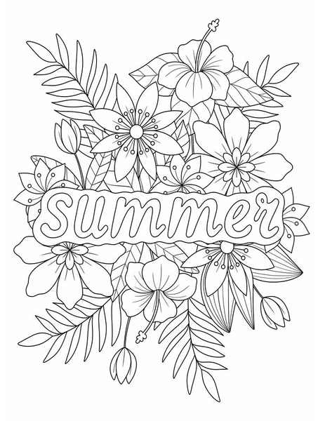 花の装飾が施された手描きの夏時間イラスト 春の花 黒と白のエングレービングスタイル — ストック写真