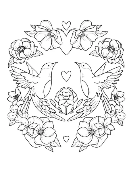 Розмальовка Сторінка Книги Квітковим Орнаментом Квітами Серцем Листям Ілюстрація — стокове фото