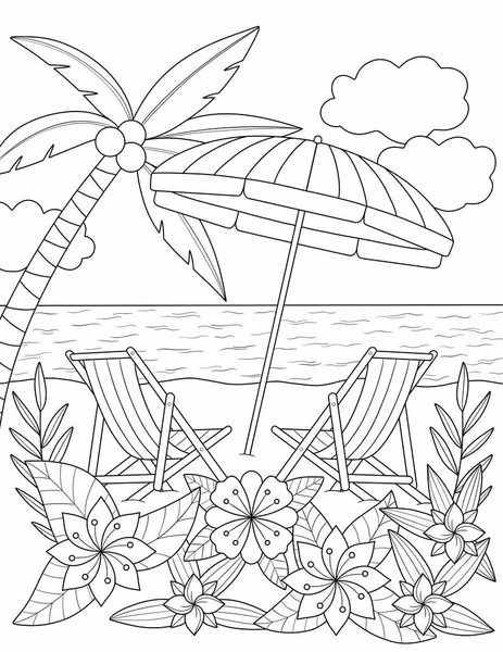 Palmiyeleri Güneş Şapkası Palmiye Yaprakları Olan Tropik Bir Plaj Arkaplan - Stok İmaj