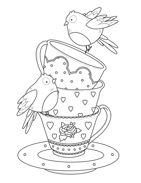 Bir Fincan Çay Çiçek Desenli Şirin Bir Kuş Stok Fotoğraf