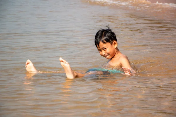 Boy Came Play Sea Happy Soaking Stock Picture