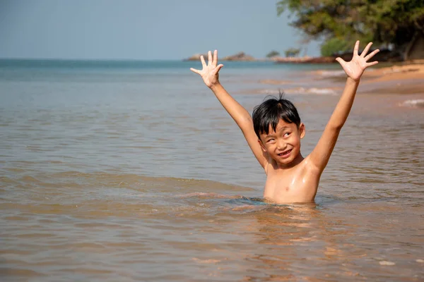 Boy Very Happy Play Sea Stock Photo