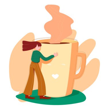 Kız bir fincan kahve, sıcak çikolata ya da çay, kahve aşkı, kartlar, el ilanları, dekorasyonlar, yazılar, web sitesi için sarılıyor. Düz stil ile sevimli illüstrasyon