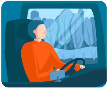 Kamyon şoförü işi, büyük kamyon kabini, iş ulaşımı, güvenilir araç, profesyonel sürücü, çizgi film stili illüstrasyon