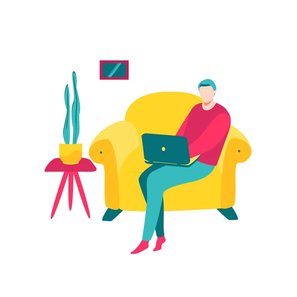 一个拿着笔记本电脑坐在椅子上的女孩 自由职业或学习概念 用扁平的方式作可爱的插图 — 图库矢量图片