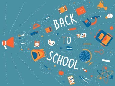 Okul kartına dönelim. Eğitim vektörü. Okul gereçleri ve kurdeleli pankart