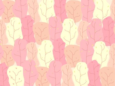 Sonbahar ormanıyla vektör deseni. Rengarenk ağaçlar. Arkaplanda bitkilerin soyut unsurları var. Yaratıcı şablon