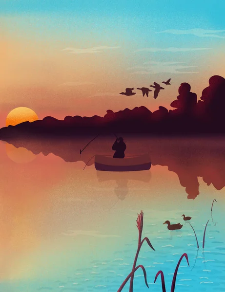 Рыбалка Лодке Закате Восходе Солнца Деревьями Птицами Растениями Деревья Отражаются — стоковое фото