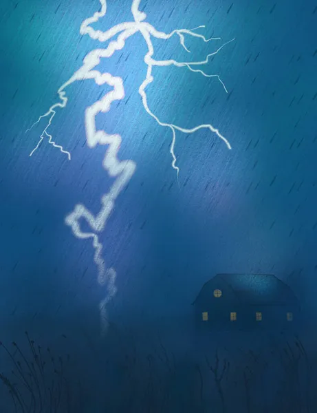 Tempesta Pioggia Fulmini Nella Fattoria Notte Paesaggio Drammatico Uragano Tempesta — Foto Stock