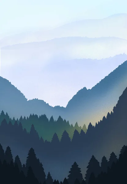 Napkelte Hegyekben Panoráma Hegyekre Természet Táj Illusztráció Fák Erdők Hegyek — Stock Fotó